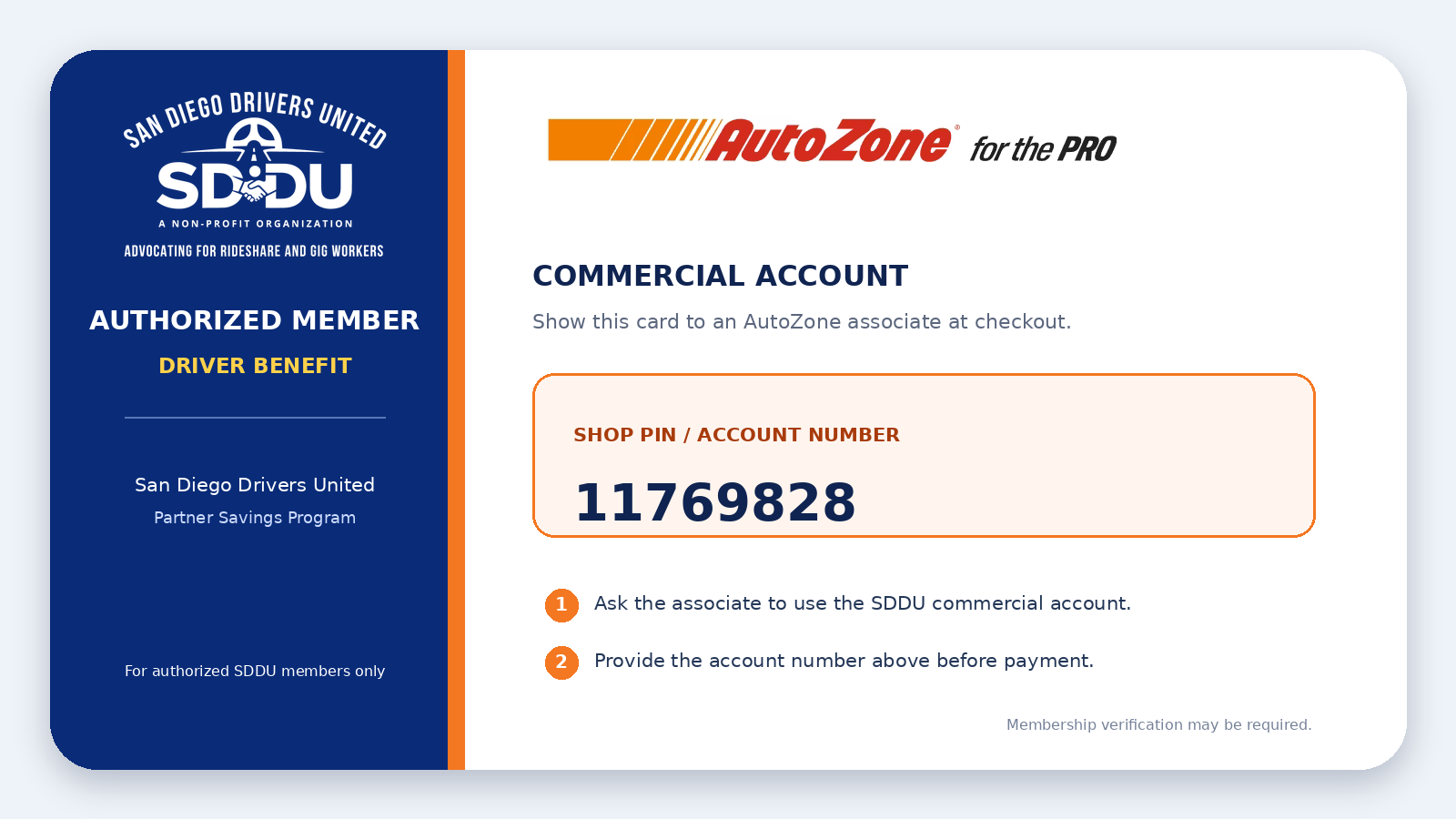San Diego Drivers United AutoZone commercial account membership card with shop PIN 11769828