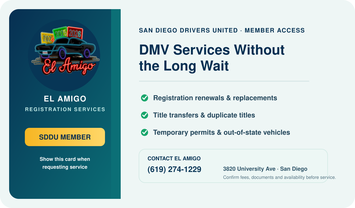 San Diego Drivers United member card for El Amigo Registration Services