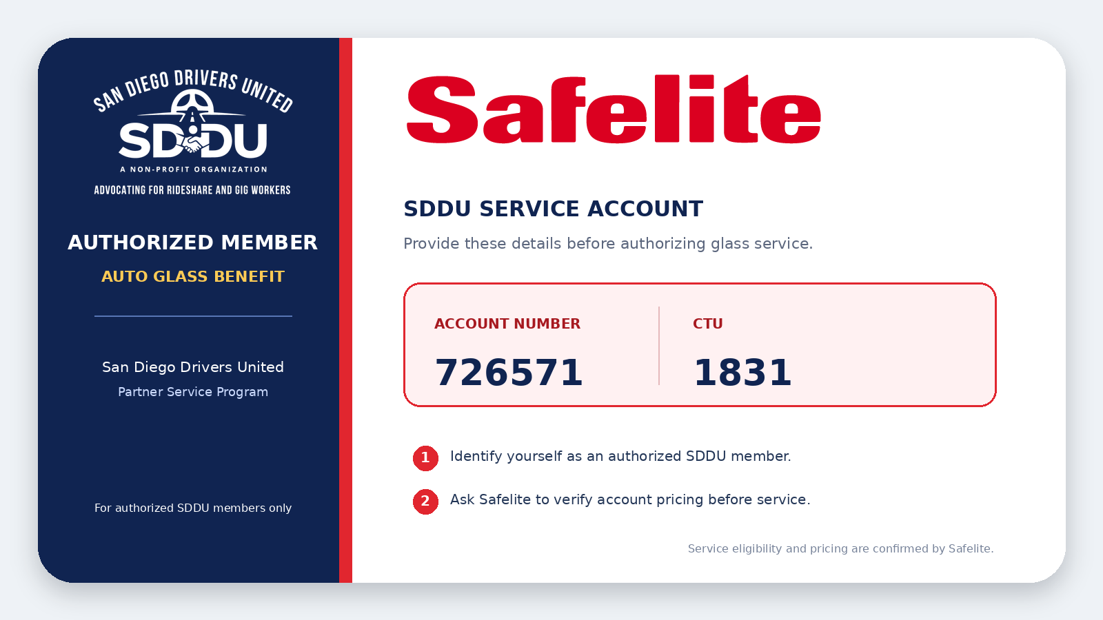 San Diego Drivers United Safelite auto glass service account card with account 726571 and CTU 1831