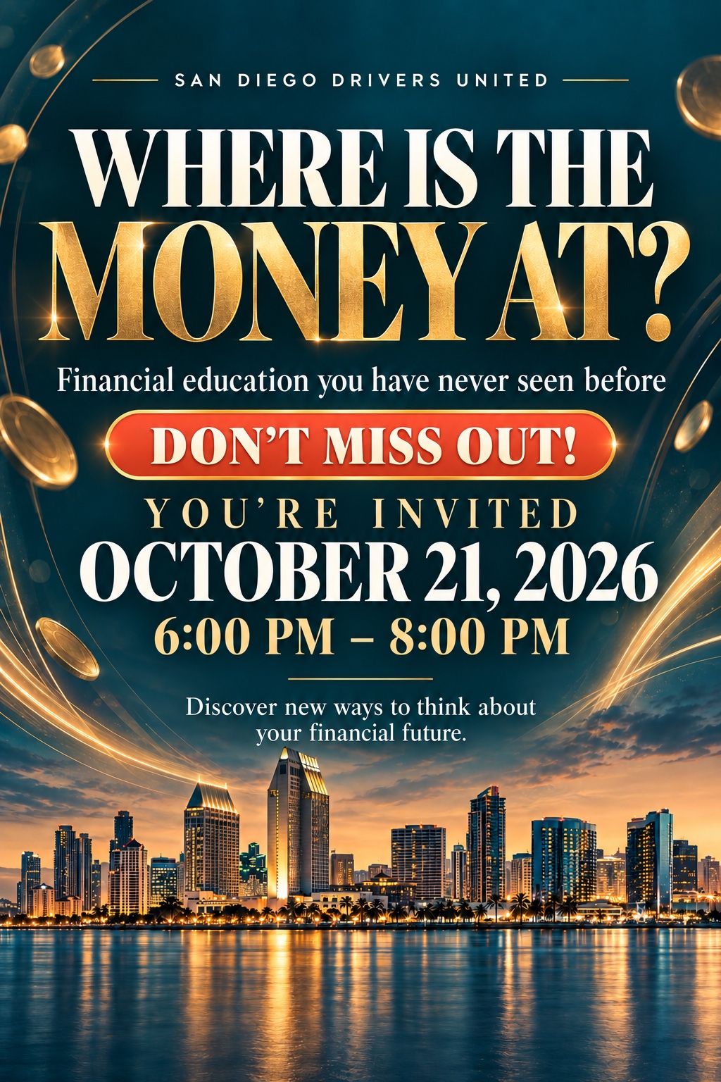 English event flyer: Where Is the Money At? October 21, 2026, 6–8 PM