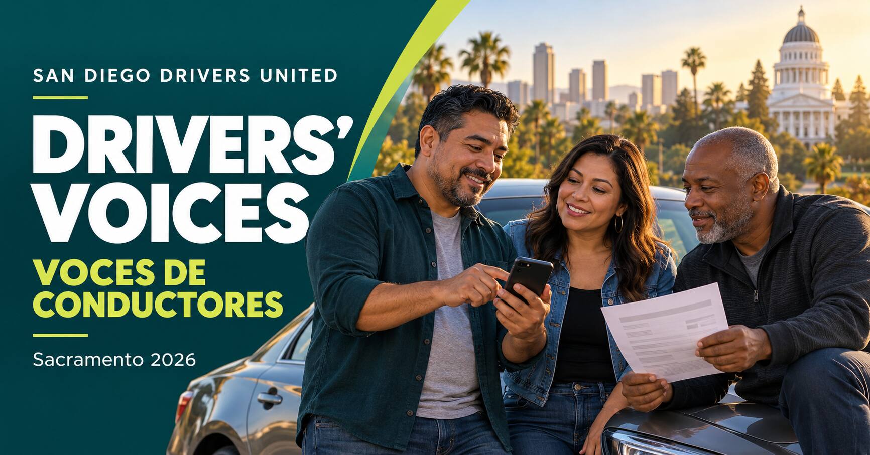 Illustrative image of drivers reviewing information together beside a parked car. Drivers’ Voices / Voces de conductores, Sacramento 2026.