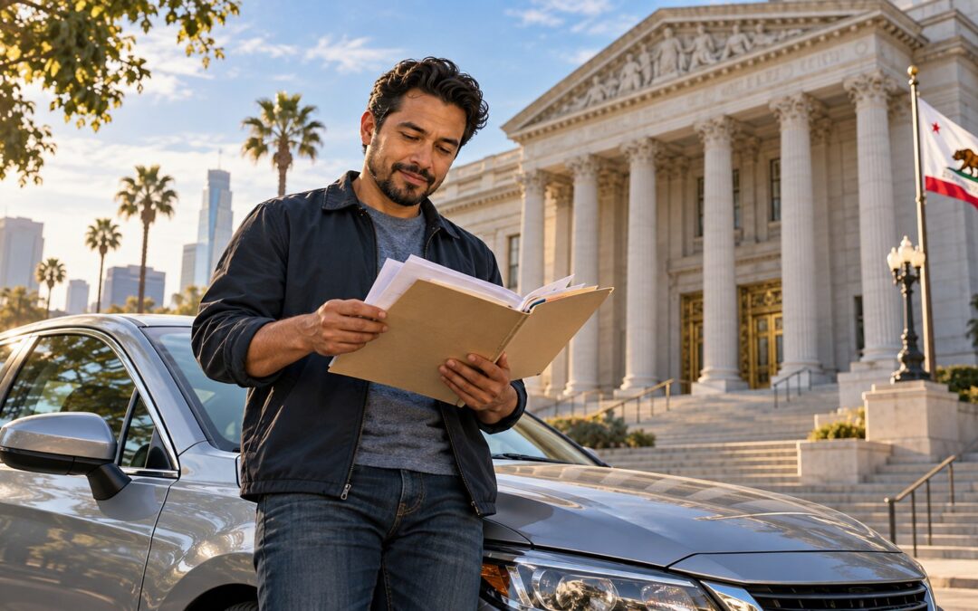 AI illustration of a rideshare driver reviewing earnings documents beside a car outside a California courthouse.