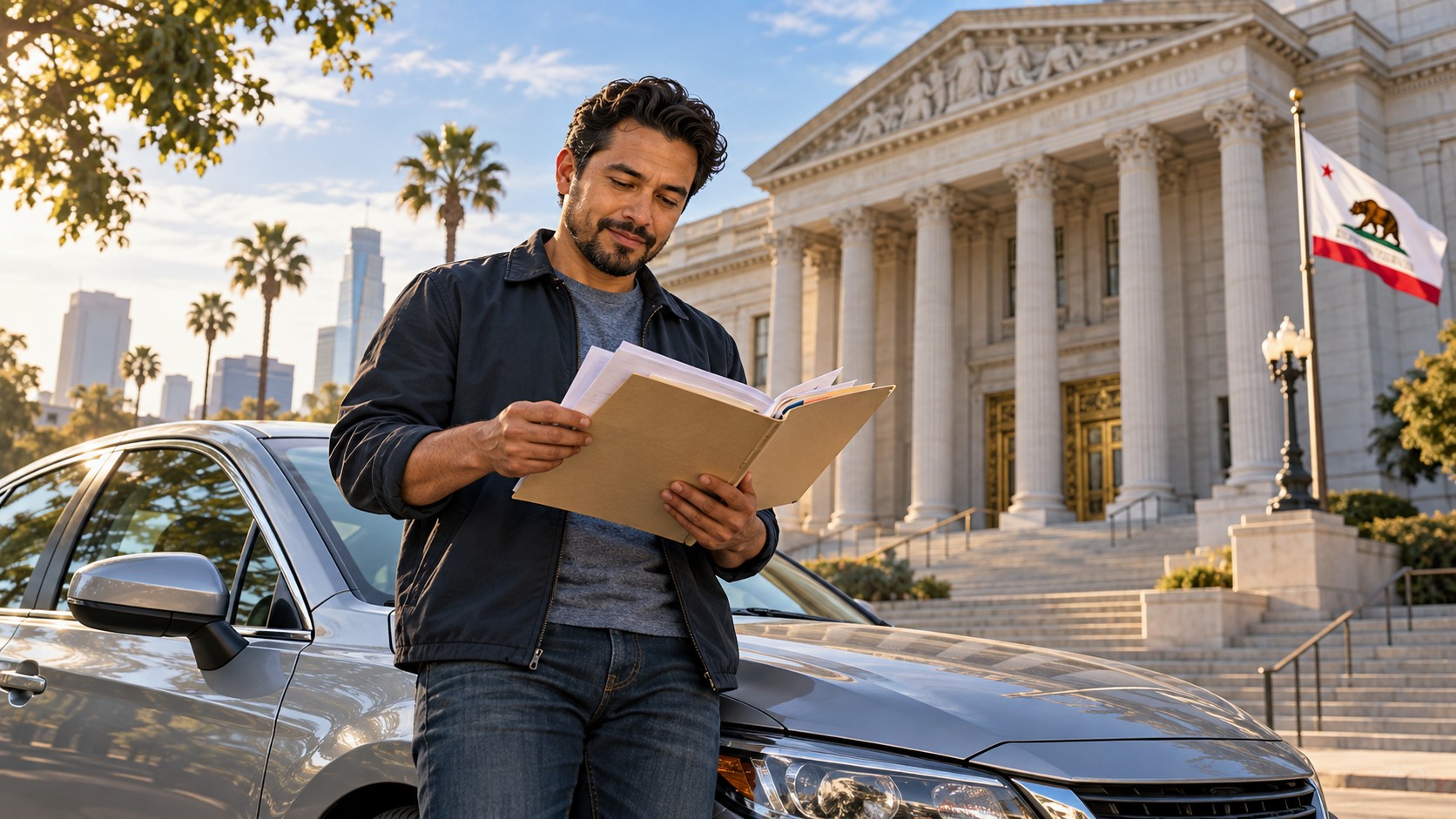 AI illustration of a rideshare driver reviewing earnings documents beside a car outside a California courthouse